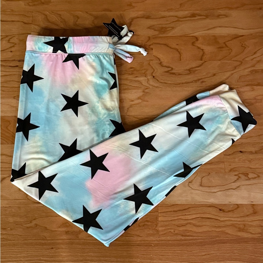 PixieLane Women’s Jogger Pants – Size L – Pastel Tie Dye w/ Black Stars